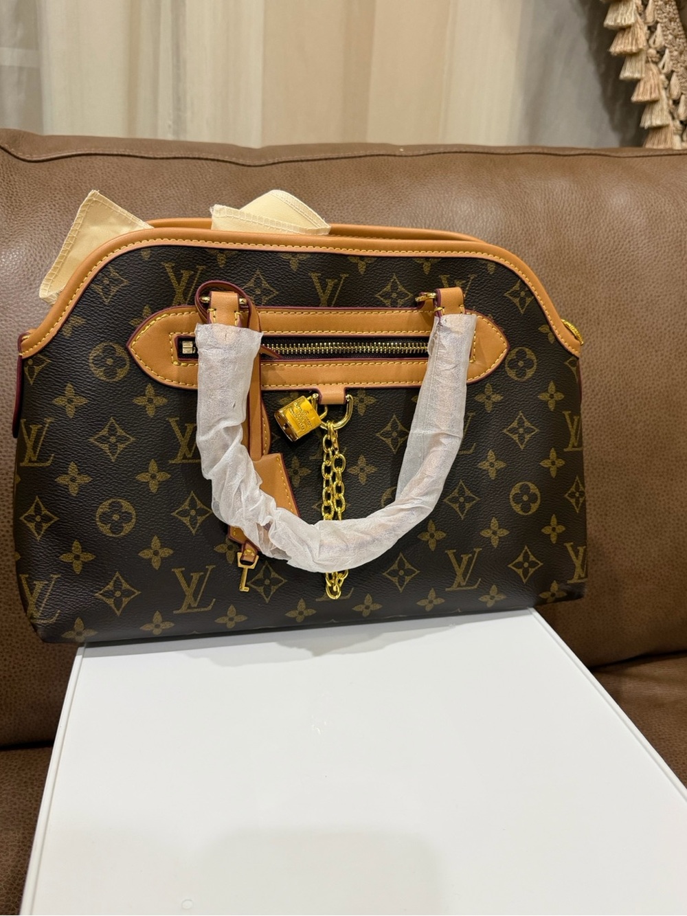 Louis Vuitton Monogram Canvas Satchel with Tan Trim and Gold Hardware